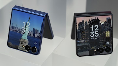 The new Galaxy Z Flip 7 is displayed during a Samsung preview event in New York, Monday, July 7, 2025.