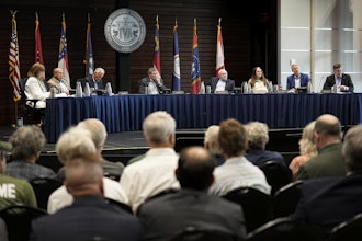Members of the Tennessee Valley Authority Board of Directors listen to members of the public during a meeting May 8, 2024, in Nashville, Tenn.