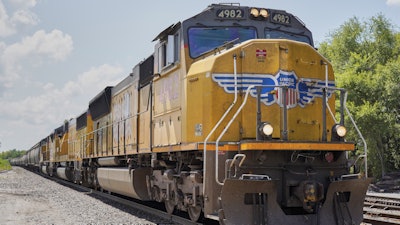 A Union Pacific train travels through Union, Neb., July 31, 2018.