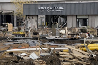 Debris lays in front of Impact Plastics Inc. in Erwin, Tenn., Nov. 22, 2024.