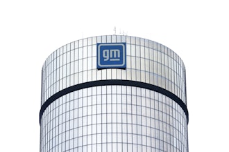 A General Motors logo is seen on a building, April 24, 2024, in Detroit.