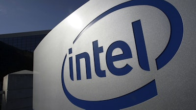 The Intel logo is displayed on the exterior of Intel headquarters in Santa Clara, Calif., Jan. 12, 2011.