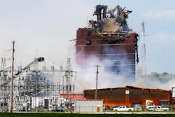 Firefighters battle a fire after an explosion in an industrial area in Fremont, Neb., Tuesday, July 29, 2025.