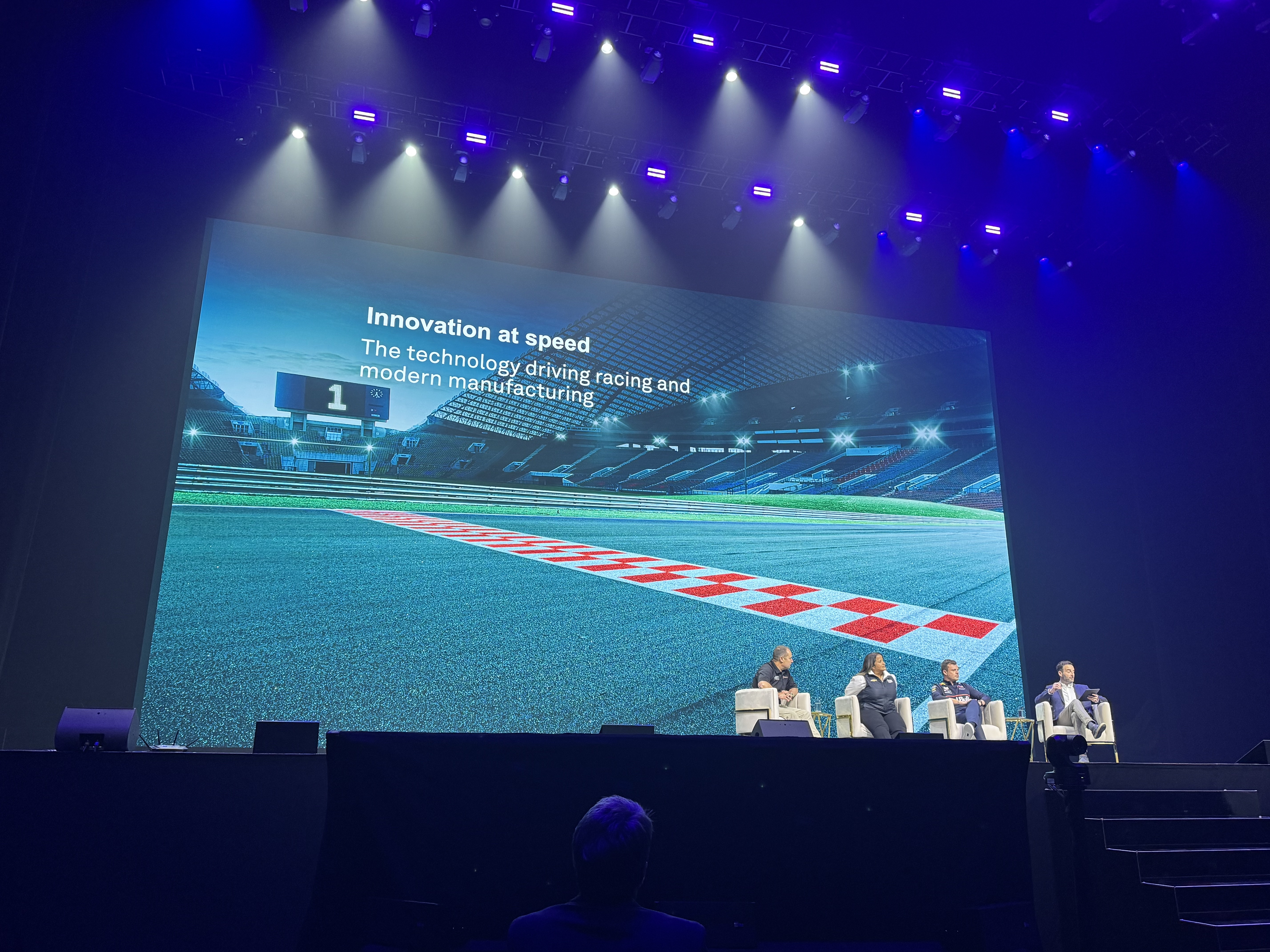 The 'Innovation at Speed' panel featuring speakers (left to right): John Church of JDC-Miller Motorsports, Alba Colon of Hendrick Motorsports, Morgan Maia of Oracle Red Bull Racing, Scott Mansell of racing educational platform Driver61.
