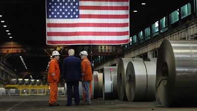 President Donald Trump talks to workers as he tours U.S. Steel Corporation's Mon Valley Works-Irvin plant, Friday, May 30, 2025, in West Mifflin, Pa.