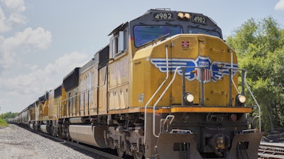 A Union Pacific train travels through Union, Neb., July 31, 2018.