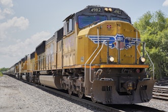 A Union Pacific train travels through Union, Neb., July 31, 2018.