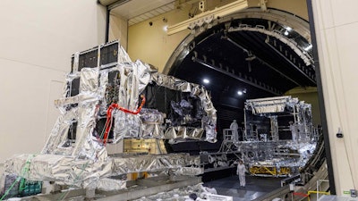 The first Next-Gen OPIR GEO satellite completes environmental testing in a thermal vacuum.
