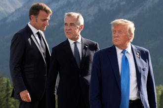 From left, French President Emmanuel Macron, Canadian Prime Minister Mark Carney and President Donald Trump arrive at the G7 Summit in Kananaskis, Alberta, June 16, 2025.
