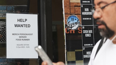 A help wanted sign displayed at a blues club in Chicago, July 24, 2025.