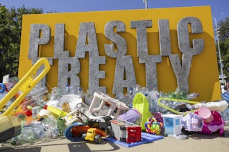 Plastic items are seen on Place des Nations in front of the European headquarters of the United Nations in Geneva, Switzerland, Monday, Aug. 4, 2025 before the second segment of the fifth session of the Intergovernmental Negotiating Committee on Plastic Pollution (INC-5.2).