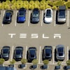 Tesla vehicles line a parking area at the company's Fremont, Calif., factory on Tuesday, Aug. 5, 2025.