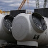Wind turbine components sit at New London State Pier, April 16, 2025, in New London, Conn.