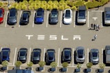 Tesla vehicles line a parking area at the company's Fremont, Calif., factory on Tuesday, Aug. 5, 2025.