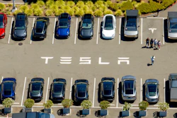 Tesla vehicles line a parking area at the company's Fremont, Calif., factory on Tuesday, Aug. 5, 2025.