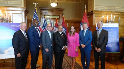 Pictured, from left, Jay Chesshir, president and CEO of the Little Rock Regional Chamber; Little Rock Mayor Frank Scott Jr.; Vipul Mathur, managing director and CEO of Welspun Corp; Arkansas Governor Sarah Huckabee Sanders; Arkansas Secretary of Commerce Hugh McDonald; and Clay McGeorge, chair of the Little Rock Port Authority's Board of Directors.