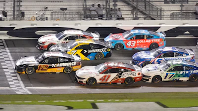 Ryan Blaney (12) crosses the finish line to win a NASCAR Cup Series auto race ahead of at Daytona International Speedway, Saturday, Aug. 23, 2025, in Daytona Beach, Fla.