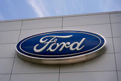 The Ford logo is seen above the entrance to the Ford Motor Company Kentucky Truck Plant, April 30, 2025, in Louisville, Ky.