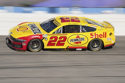 Joey Logano steers through Turn 2 during a NASCAR Cup Series auto race at Darlington Raceway, Sunday, Aug. 31, 2025, in Darlington, S.C.