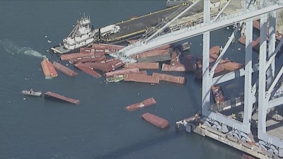 Several shipping containers have fallen off a cargo ship and into the water at the Port of Long Beach, Calif., on Tuesday, Sept. 9, 2025.