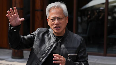CEO of Nvidia Jensen Huang speaks during a press conference at the Mandarin Oriental Qianmen after attending the third China International Supply Chain Expo, in Beijing, July 16, 2025.