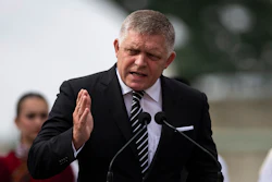 Slovakia's Prime Minister Robert Fico delivers his speech during the 130th anniversary celebration of Mária Valeria Bridge in Esztergom, Hungary, on Sunday, Sept. 28, 2025.