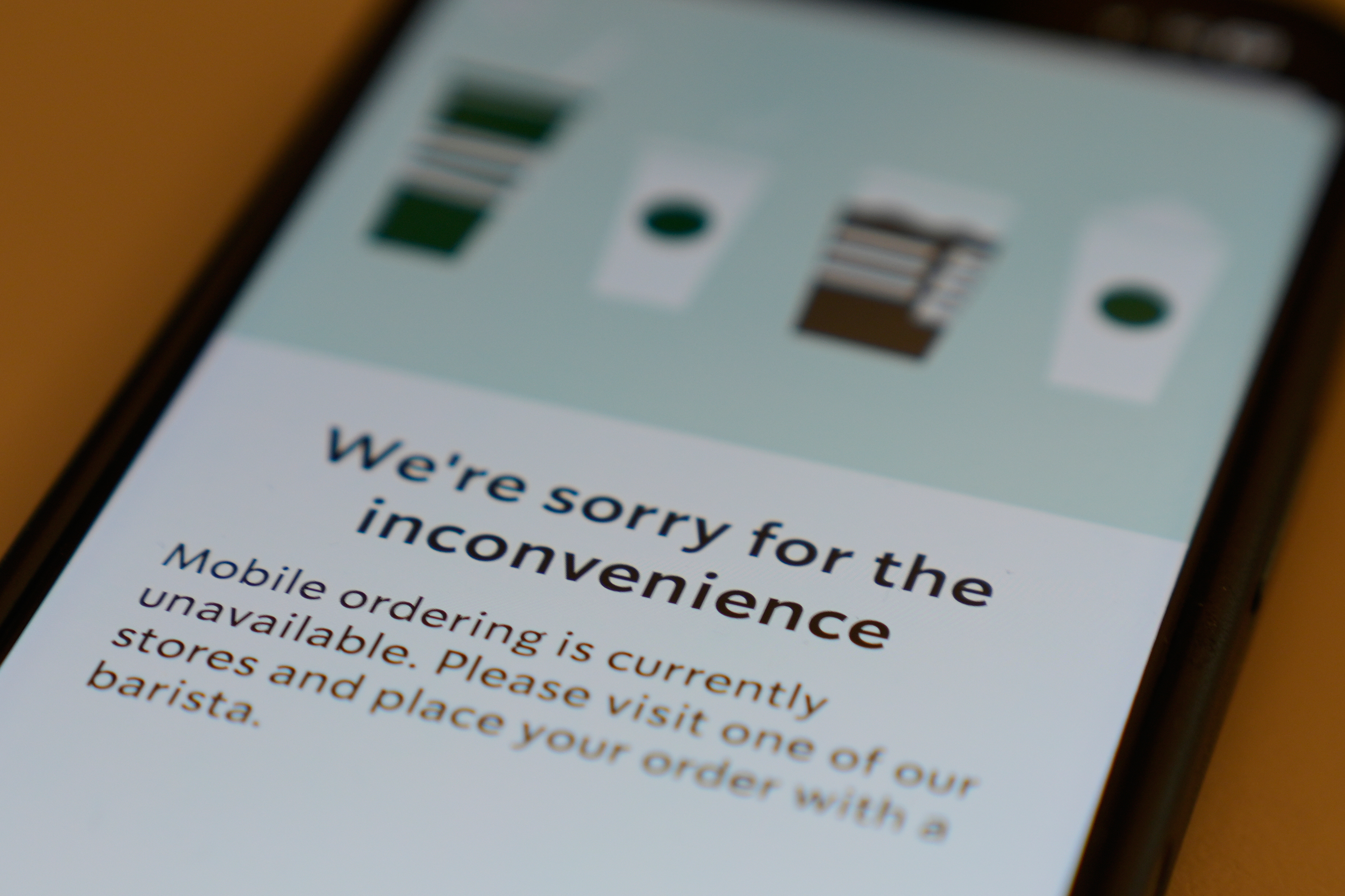 A Starbucks mobile app shows that the mobile ordering is unavailable during the Amazon Web Services outage, Monday, Oct. 20, 2025, in Chicago.