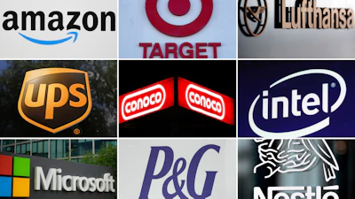 This undated combination of photos shows clockwise from top left the company logos for Amazon, Target, Lufthansa Group, UPS, ConocoPhillips, Intel, Microsoft, Procter & Gamble and Nestle.