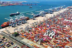 An aerial view of a container port is seen in Qingdao in east China's Shandong province, on June 6, 2024.