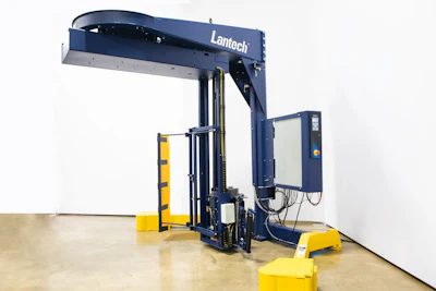 Lantech industrial packaging machine with blue frame and control panel