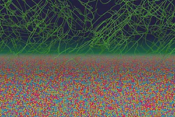 A computer simulation shows metallic alloy where atoms (colored spheres) are arranged in subtle chemical patterns beneath a network of dislocations (green lines). These tangled defects move during processing and help create the nonequilibrium atomic order discovered by the MIT team.