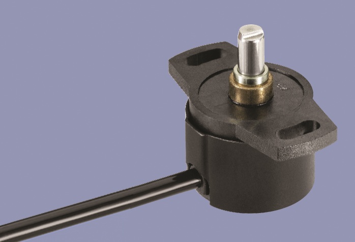 Black mechanical rotary sensor with metal shaft and mounting bracket