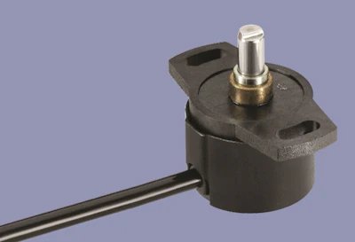 Black mechanical rotary sensor with metal shaft and mounting bracket