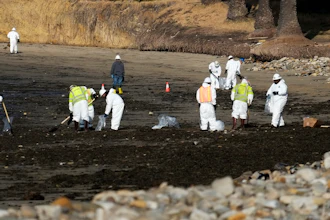 Clean up crews remove oil-laden sand on the beach at Refugio State Beach, site of an oil spill, north of Goleta, Calif., May 20, 2015.