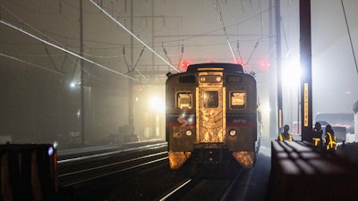 A SEPTA Regional Rail train sits after the train caught fire Feb. 6, 2025 in Ridley Park, Pa.