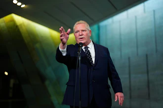 Ontario Premier Doug Ford speaks to reporters following the First Ministers Meeting at the National War Museum March 21, 2025, in Ottawa, Canada.