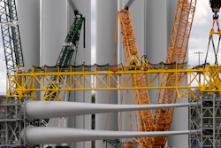 Wind turbine components sit at New London State Pier, April 16, 2025, in New London, Conn.