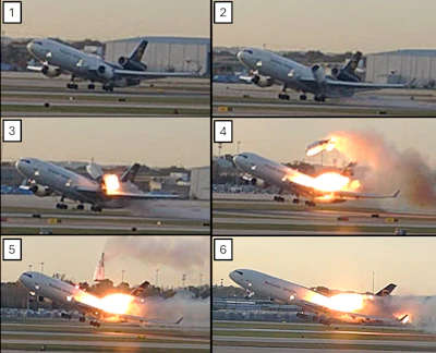 This combination photo provided by the National Transportation Safety Board (NTSB) via UPS shows a sequence of framegrabs made from video where an engine is seen detaching from the plane's left wing upon takeoff at the Louisville International Airport in Louisville, Nov. 4, 2025.