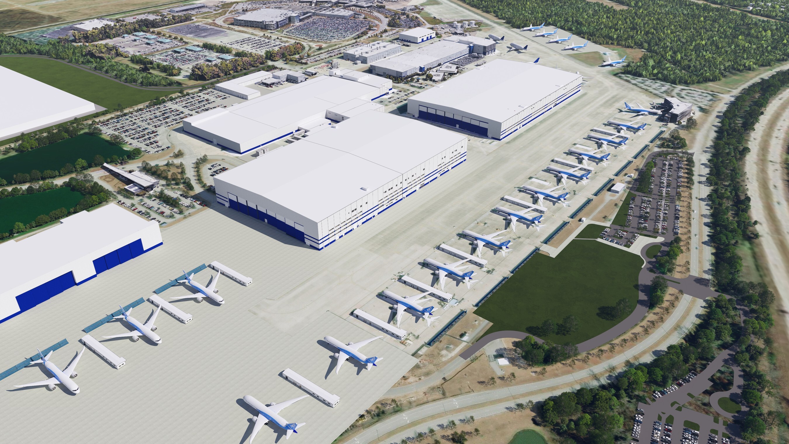 A rendering of Boeing&rsquo;s Second 787 Final Assembly Building when complete.