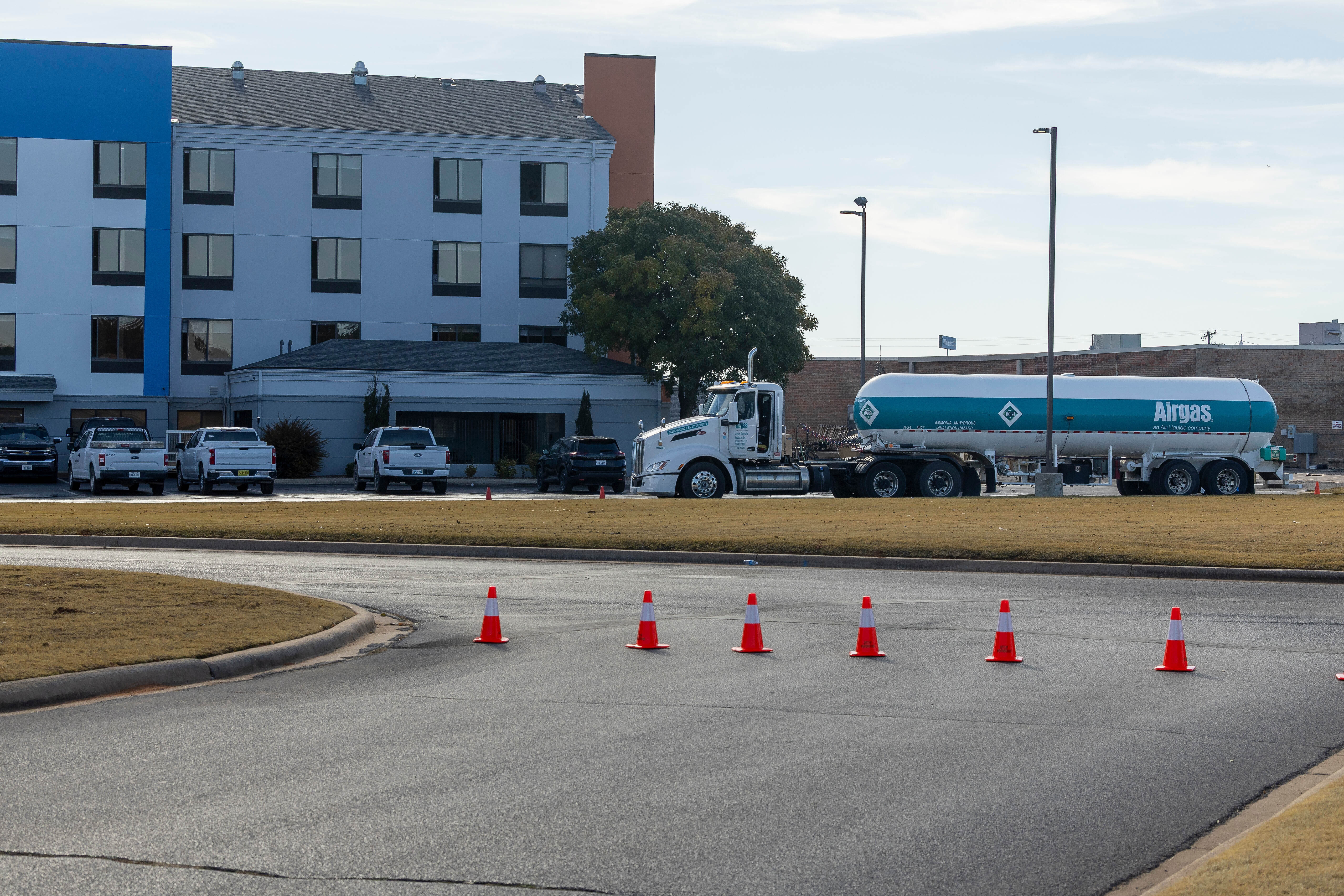 The scene of an ammonia spill at the Holiday Inn Express in Weatherford, Okla. on Thursday, Nov. 13, 2025.