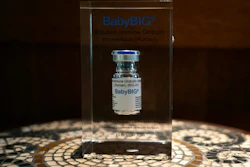 A glass case displaying a vial of BabyBIG, the treatment for infant botulism is shown on Nov. 21, 2025 in Aos Altos, Calif.