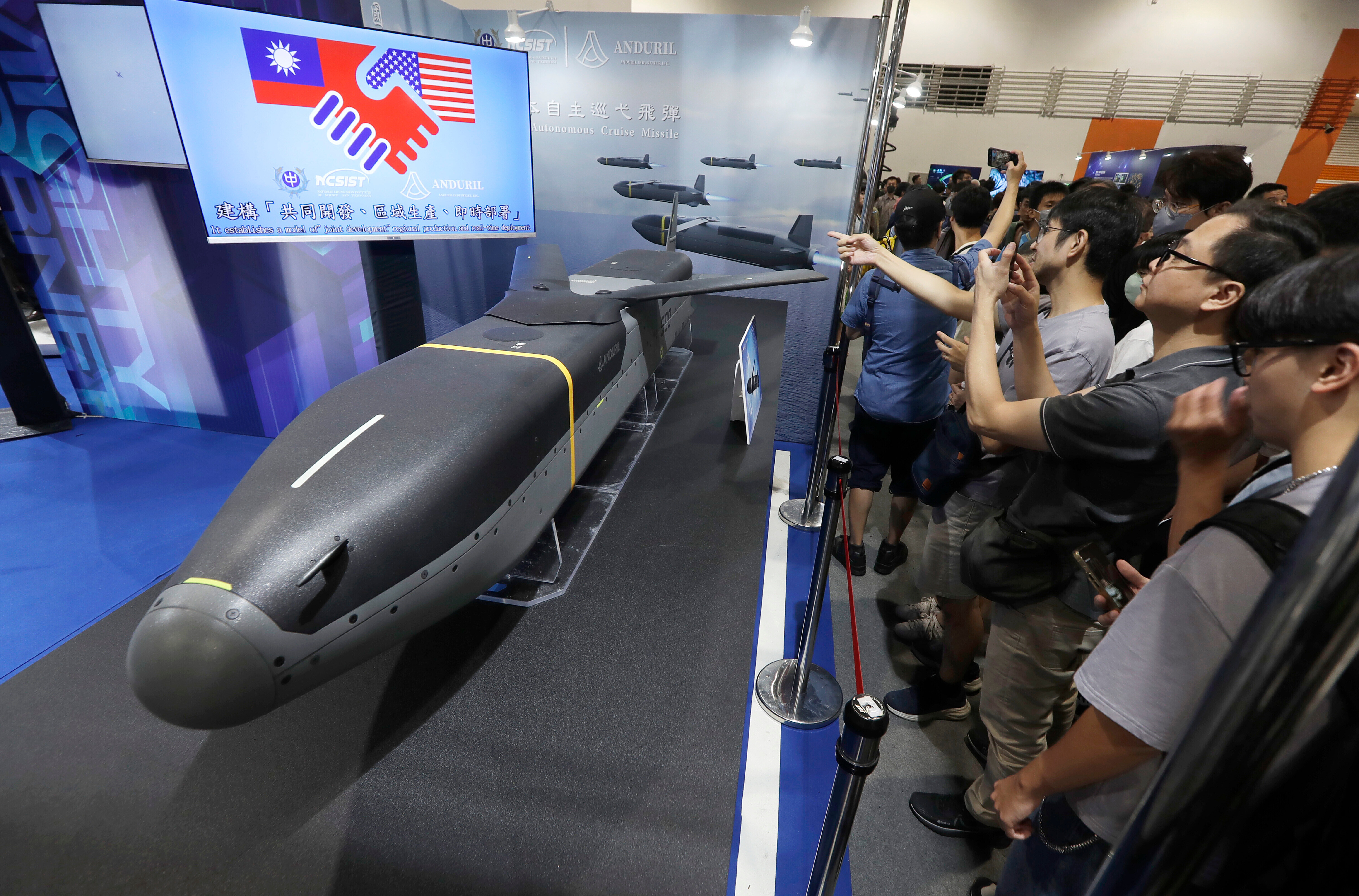 A low-cost autonomous cruise missile Barracuda 500, jointly manufactured by U.S Anduril and Taiwan's National Chung-Shan Institute of Science and Technology, isndisplayed during the Taipei Aerospace & Defense Technology Exhibition (TADTE) at Nangang Exhibition Center in Taipei, Taiwan, Sept. 20, 2025.