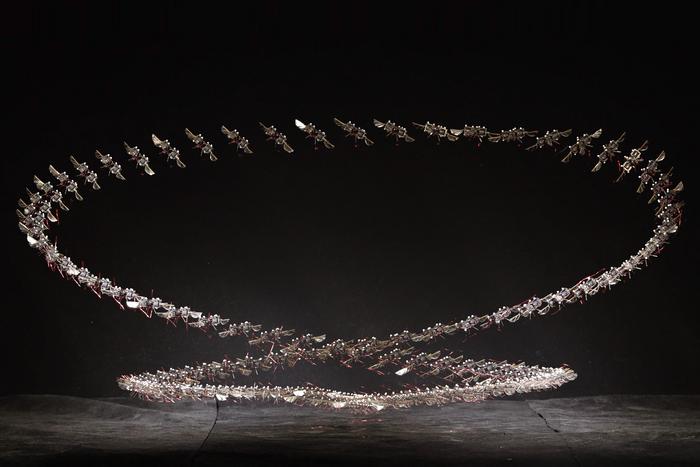 Metallic sculptural rings suspended in curved, delicate formations against dark background