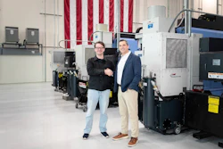 Tom Carrubba (right), vice president of production operations at Lockheed Martin, and Chris Power (left), CEO of Hadrian, agree to a Memorandum of Understanding at Hadrian’s headquarters in Los Angeles.