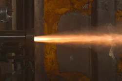 A static test fire of an additively manufactured pressure vessel for a solid rocket motor.