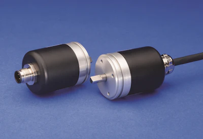 Two black and silver cylindrical industrial rotary sensors or encoders