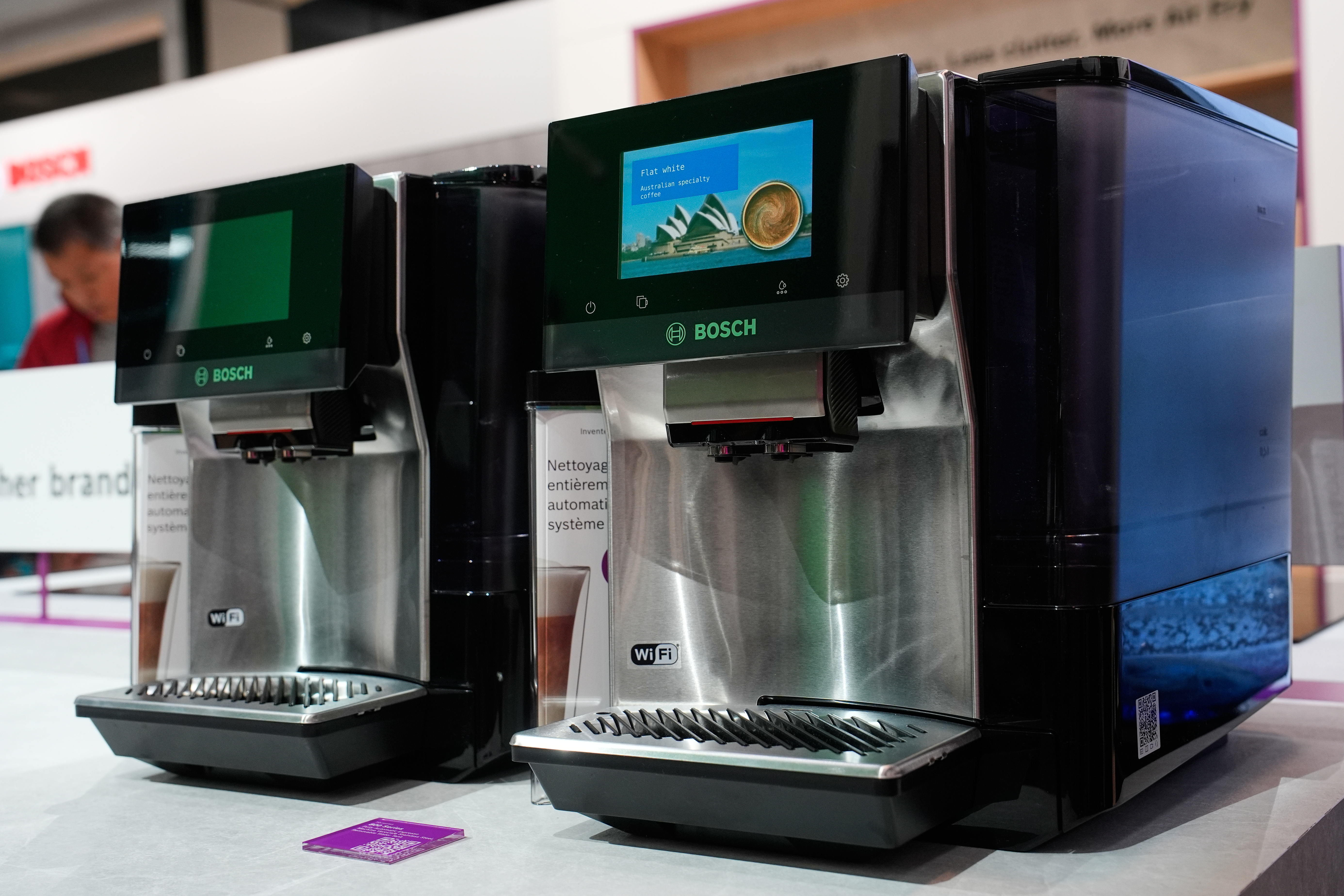 A couple of Bosch 800 Series fully automatic espresso machines are seen on display at the Bosch booth during the CES tech show Wednesday, Jan. 7, 2026, in Las Vegas.