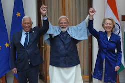 Indian Prime Minister Narendra Modi, center, with European Council President Antonio Costa, left and European Commission President Ursula von der Leyen in New Delhi, Jan. 27,2026.