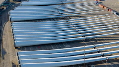 Wind turbine blades sit at The Portsmouth Marine terminal that is the staging area for Dominion Energy Virginia, which is developing Coastal Virginia Offshore Wind, Dec. 22, 2025, in Portsmouth, Va.