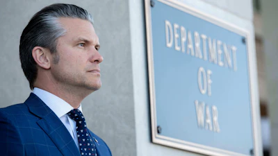 Defense Secretary Pete Hegseth stands outside the Pentagon during a welcome ceremony for the Japanese defense minister at the Pentagon in Washington, Jan. 15, 2026.